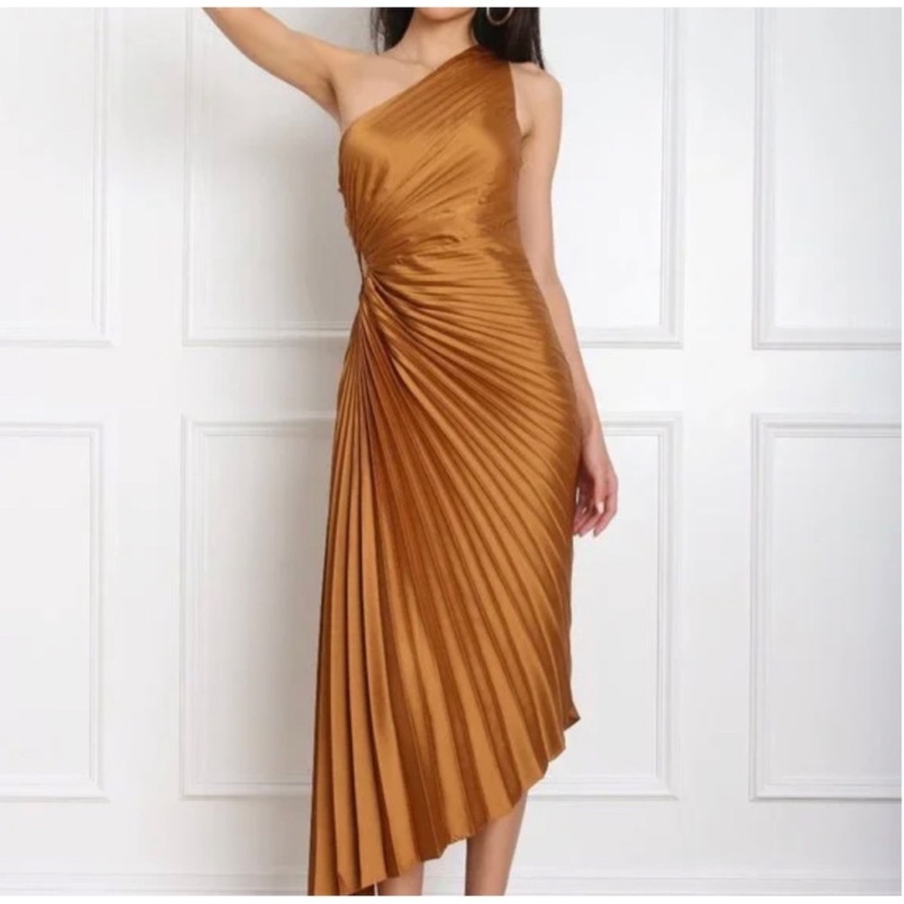 Dress Forum Copper One-Shoulder Asymmetric Pleated Midi Dress size Medium - Picture 2 of 8